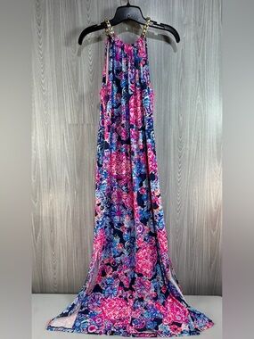Lilly Pulitzer Navy, Hot Pink & Blue Floral Halter Maxi Dress